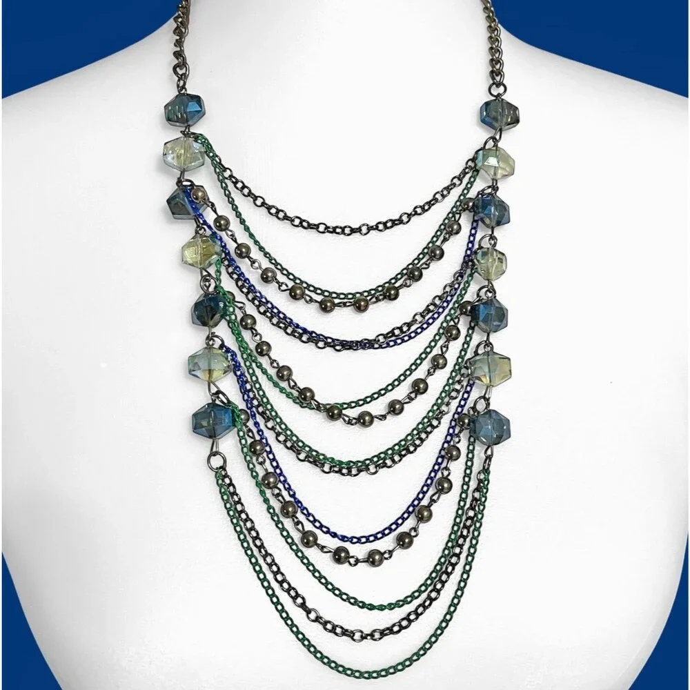 Aurora Borealis Crystal Layered Chains Necklace Chunky Beads Bib Punk Goth Sexy